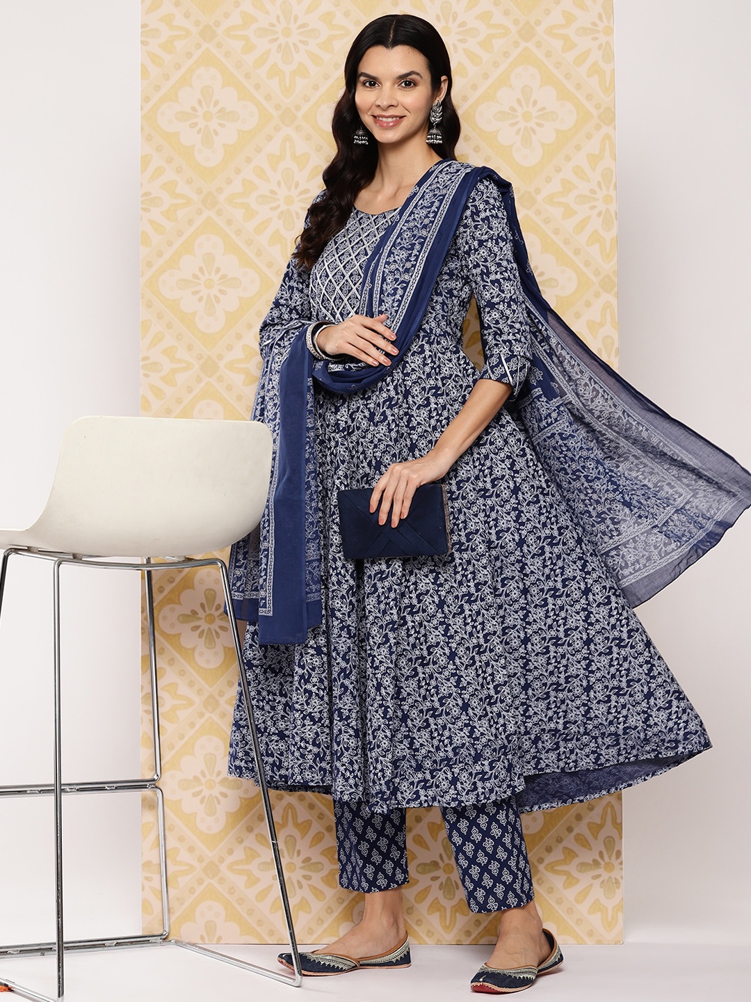 

KALINI Women Ethnic Motifs Printed Regular Pure Cotton Kurta with Trousers & Dupatta, Navy blue