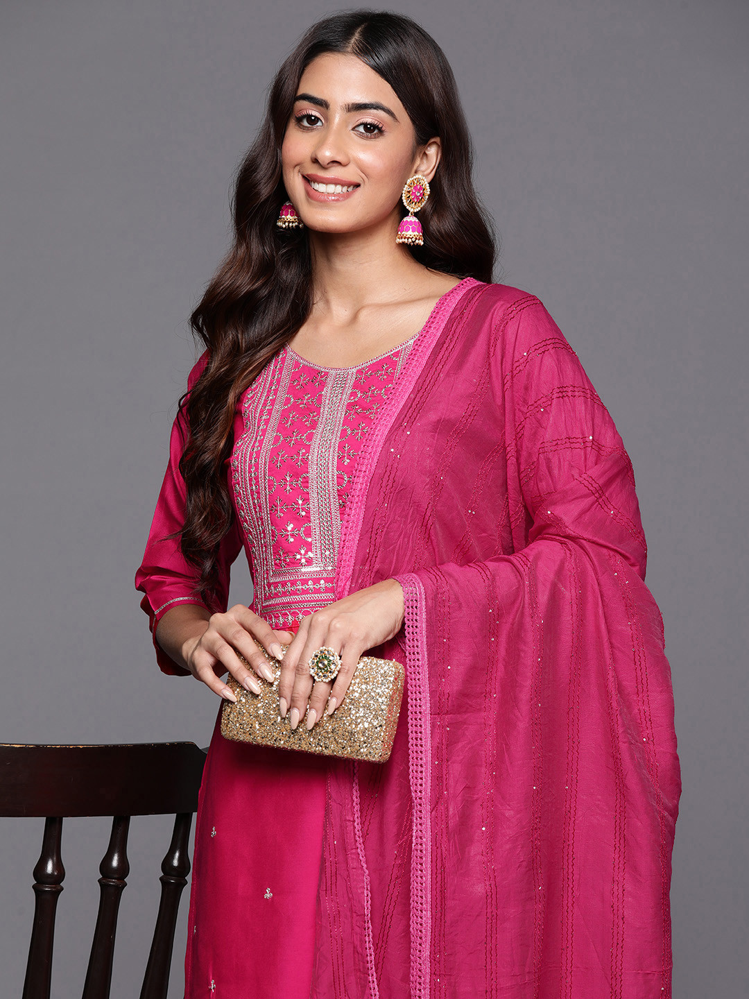 

Libas Ethnic Motifs Embroidered Regular Sequinned Kurta with Trousers & Dupatta, Pink
