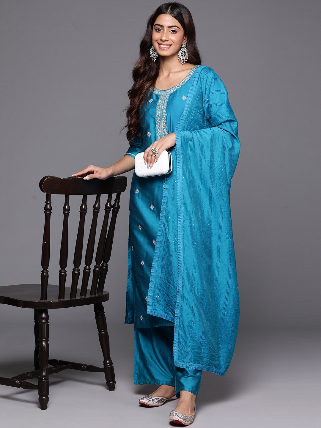 

Libas Ethnic Motifs Embroidered Regular Sequinned Kurta with Trousers & Dupatta, Blue