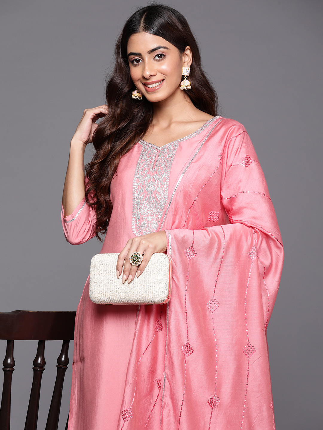 

Libas Floral Yoke Design Regular Sequinned Kurta with Trousers & Dupatta, Pink