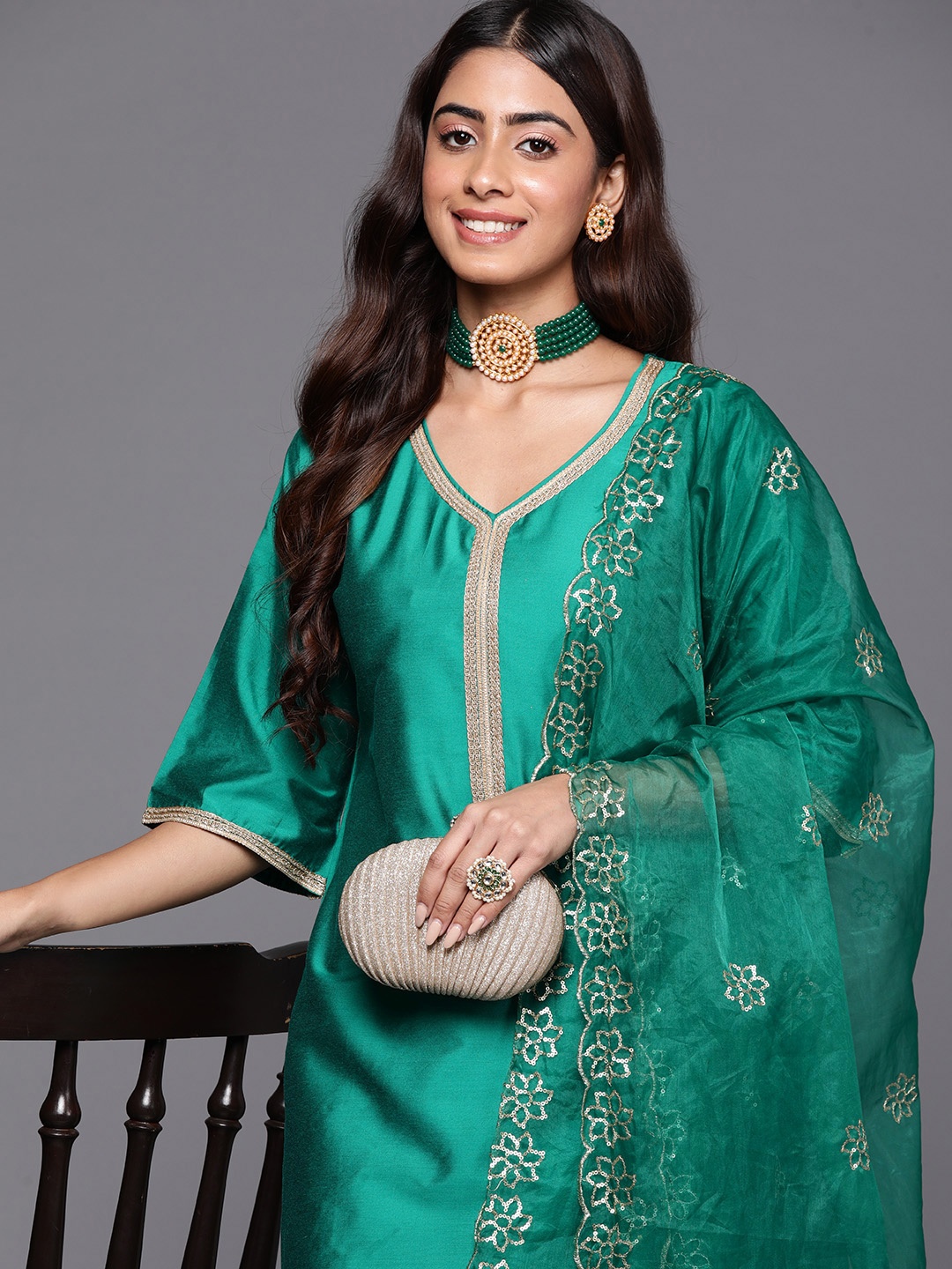 

Libas Regular Zari Kurta with Trousers & Dupatta, Green