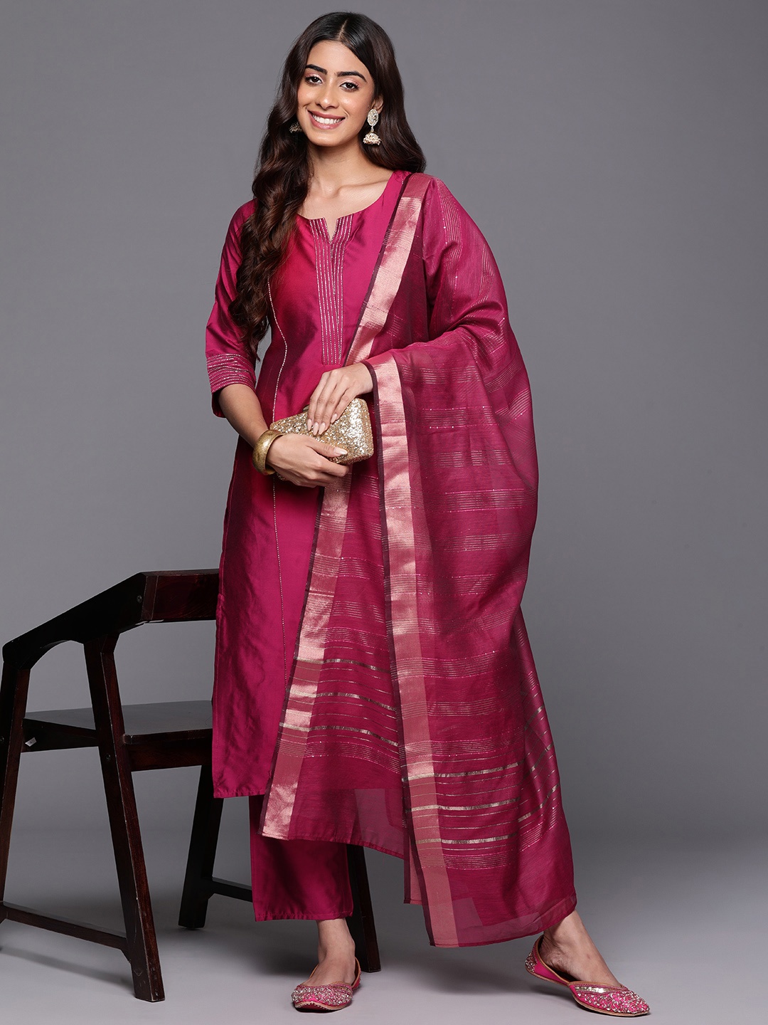 

Libas Regular Zari Kurta with Trousers & Dupatta, Pink
