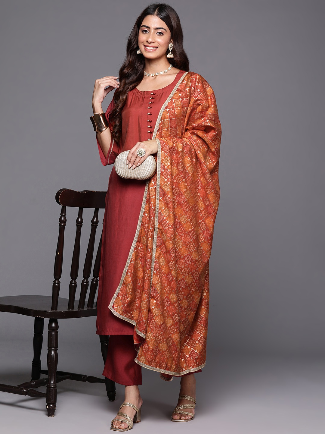 

Libas Regular Gotta Patti Kurta with Trousers & Dupatta, Rust