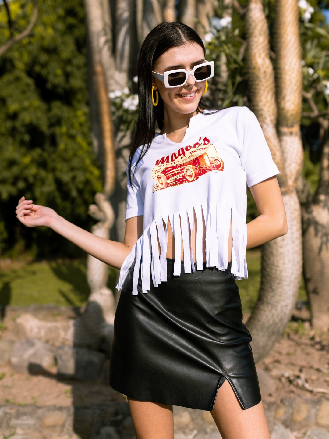 

Stylecast X Hersheinbox Graphic Printed Fringed Pure Cotton Crop Top, White