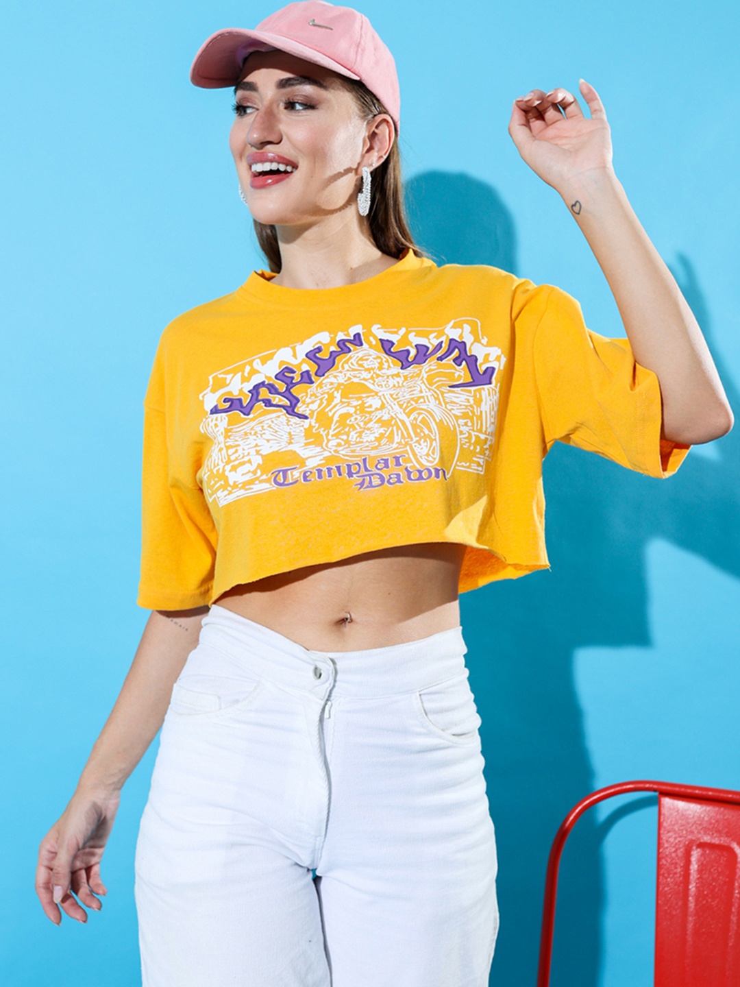 

Stylecast X Hersheinbox Printed Drop-Shoulder Sleeves Pure Cotton T-shirt, Yellow