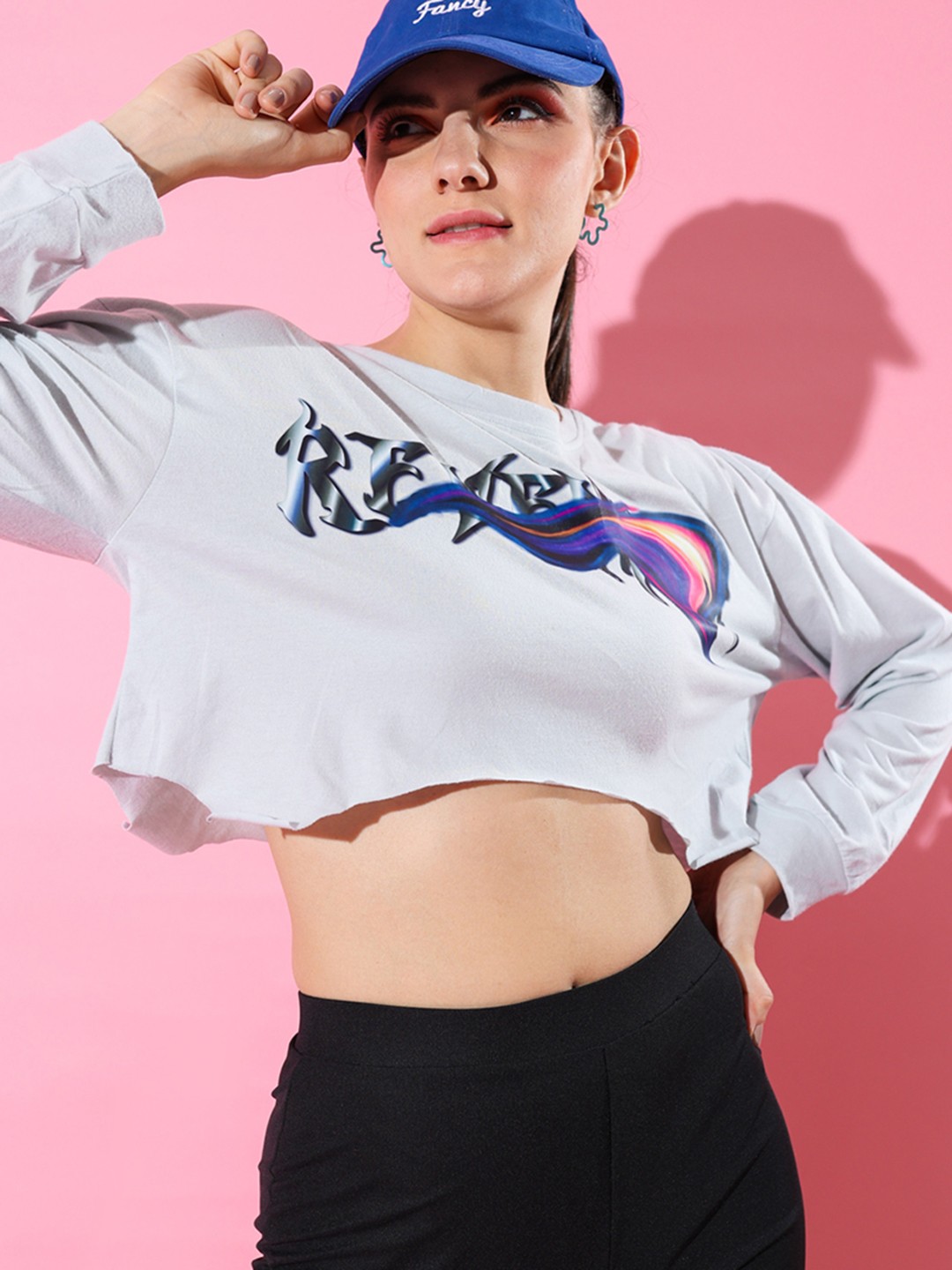 Stylecast X Hersheinbox Printed Drop-Shoulder Sleeves Pure Cotton Cropped Boxy T-shirt, Grey