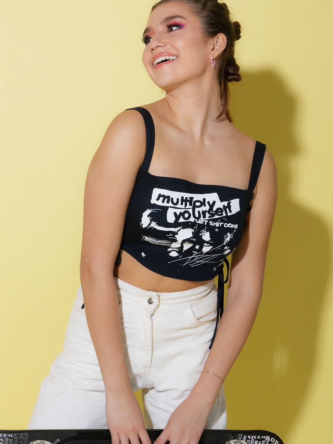 

Stylecast X Hersheinbox Graphic Printed Pure Cotton Sleeveless Crop Top, Navy blue