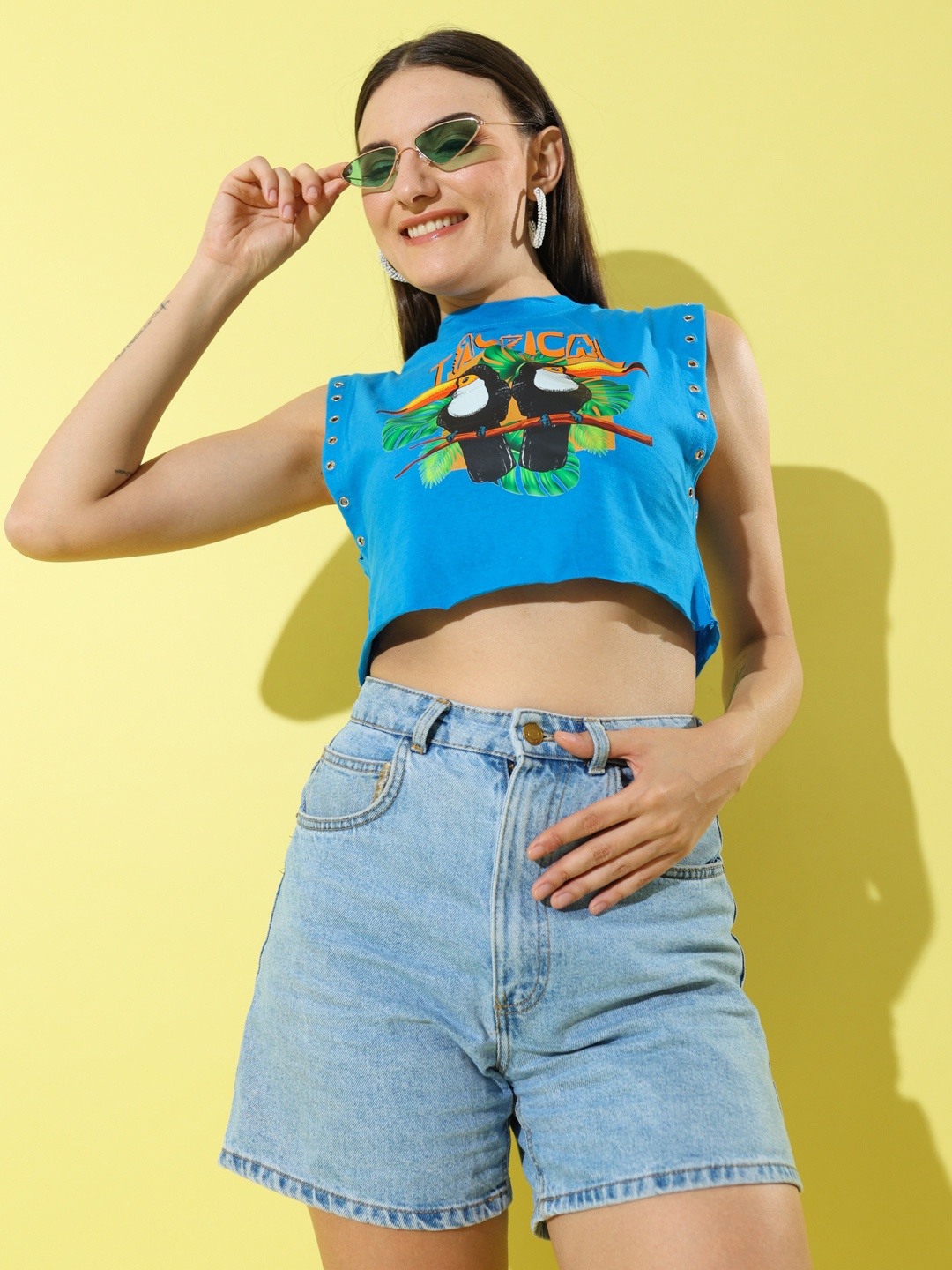 

Stylecast X Hersheinbox Studded Pure Cotton Tank Crop Top, Blue
