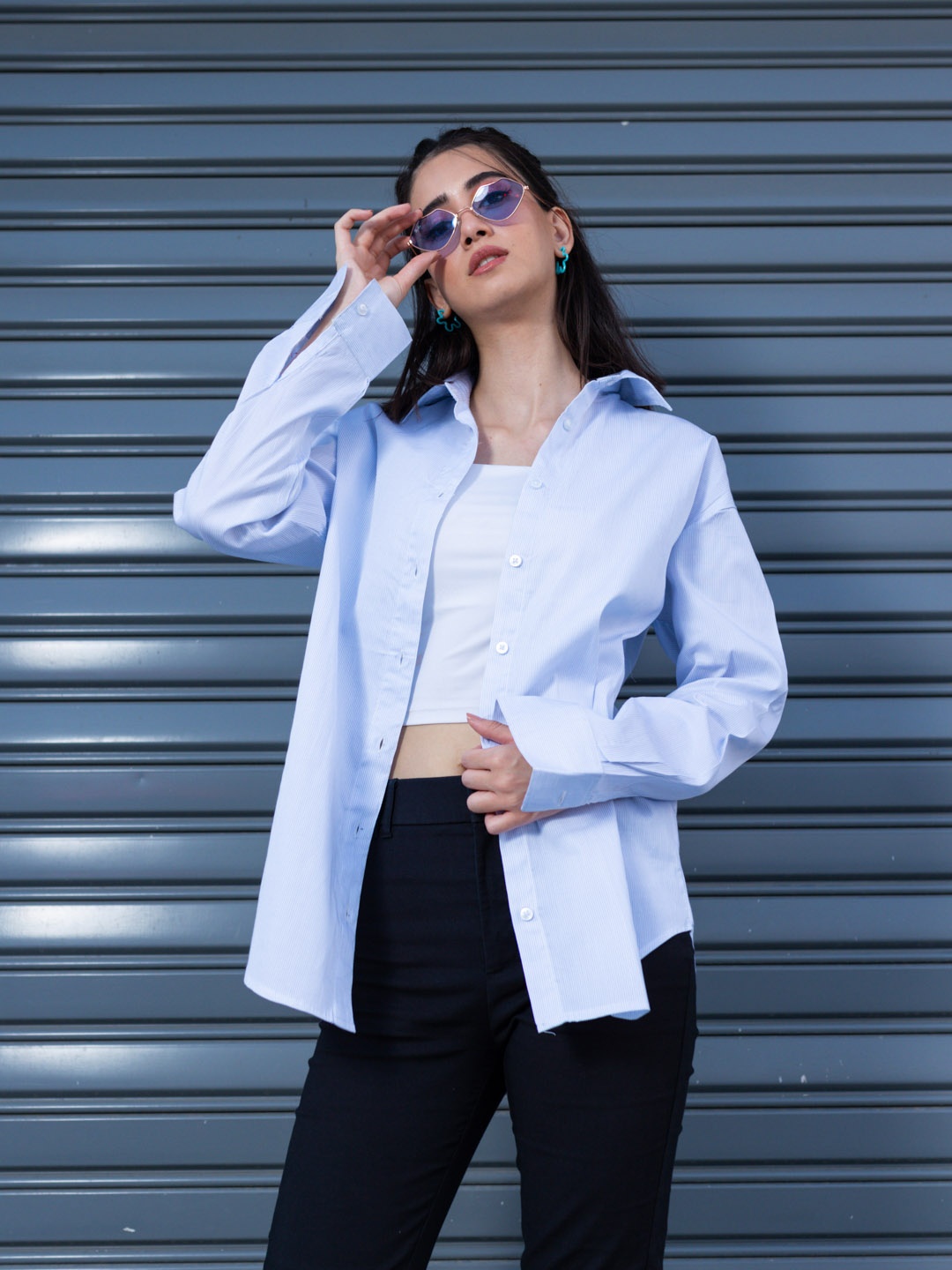 

Stylecast X Hersheinbox Pure Cotton Opaque Striped Longline Casual Shirt, Blue