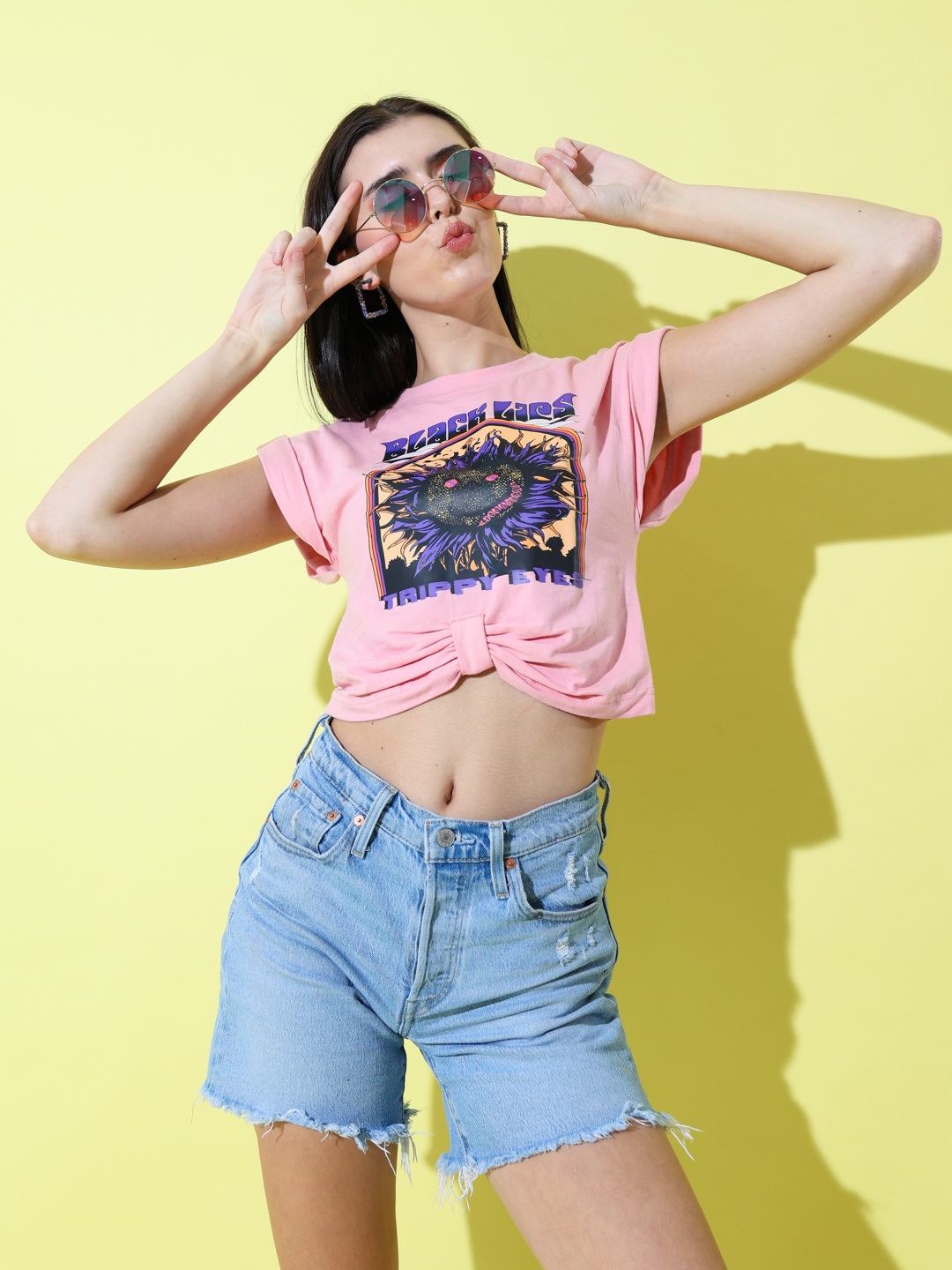 

Stylecast X Hersheinbox Pure Cotton Printed Extended Sleeves Cotton Crop Top, Pink