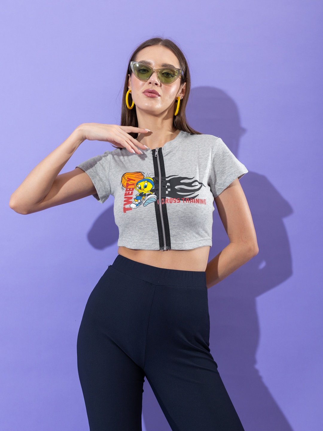 

Stylecast X Hersheinbox Printed Pure Cotton Cropped T-shirt, Grey melange