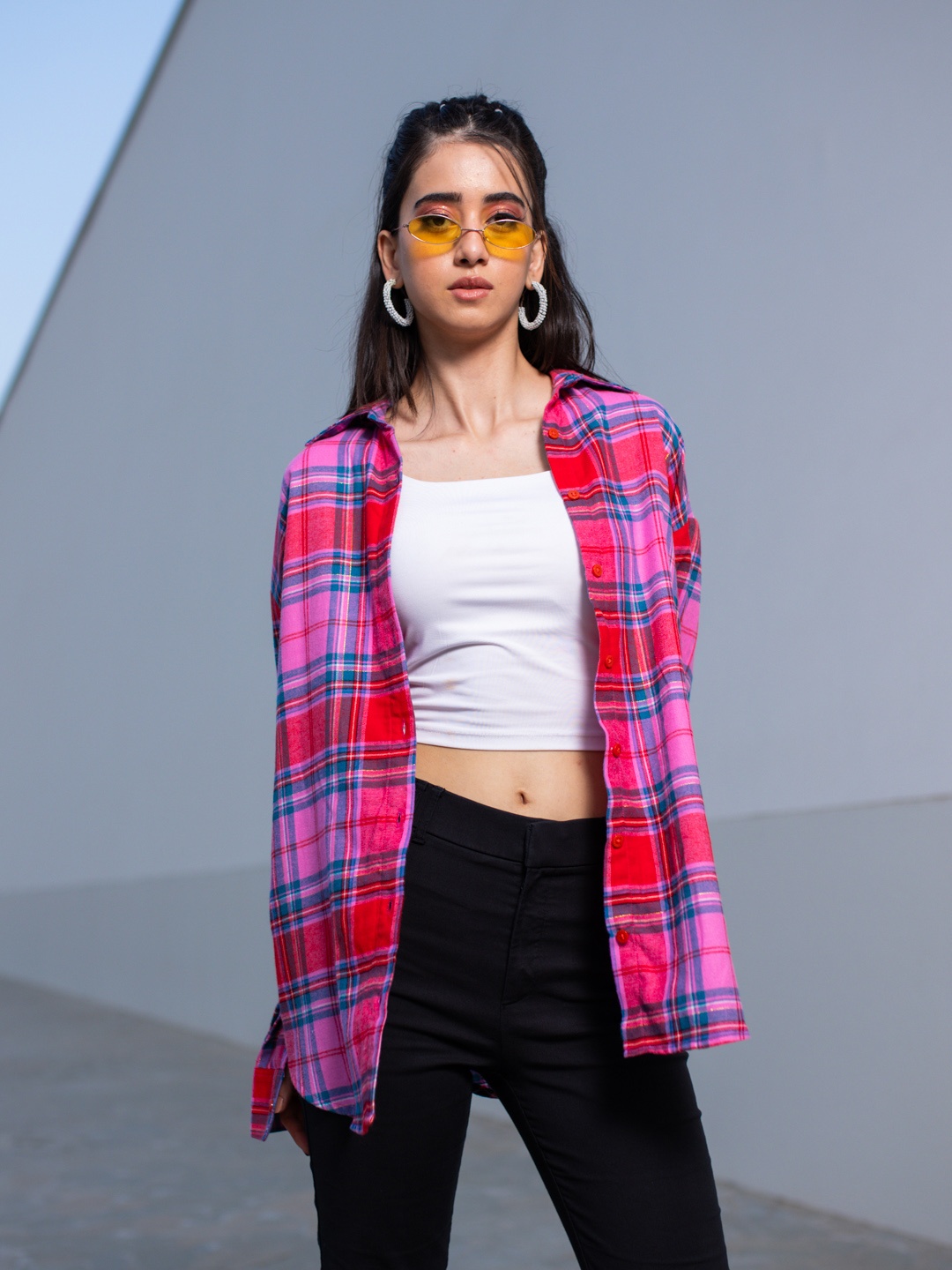 

Stylecast X Hersheinbox Tartan Checked Pure Cotton Longline Shirt, Red