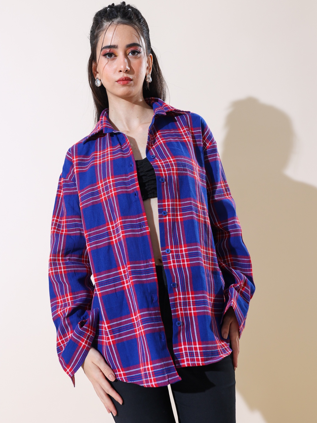 

Stylecast X Hersheinbox Cotton Checked Longline Oversized Shirt, Blue