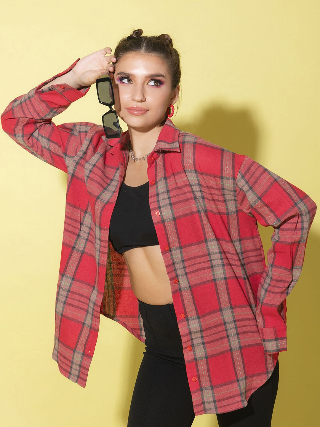 

Stylecast X Hersheinbox Tartan Checks Oversize Casual Shirt, Red