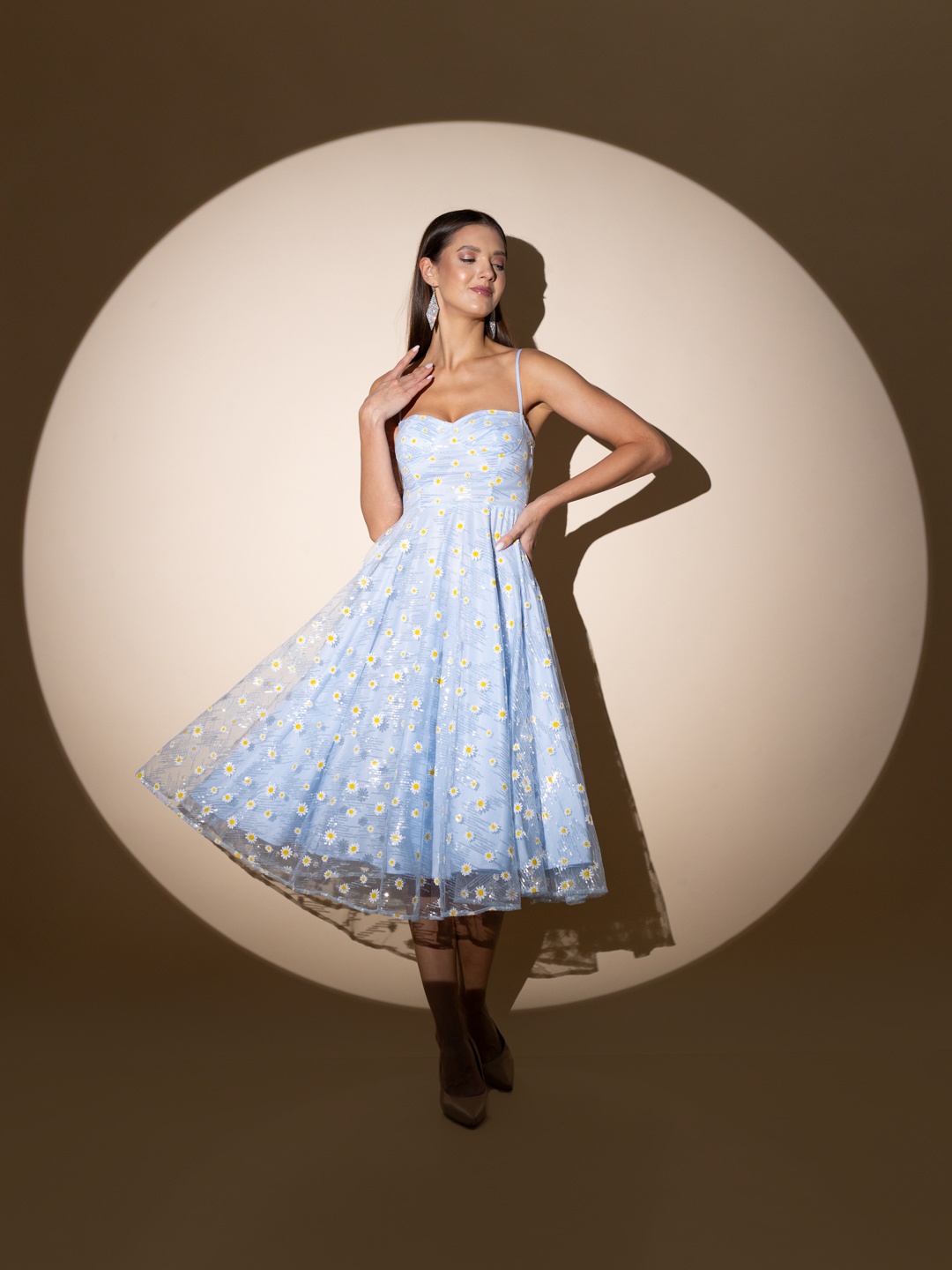 

Stylecast X Hersheinbox Floral Print Sequinned Net Fit & Flare Midi Dress, Blue