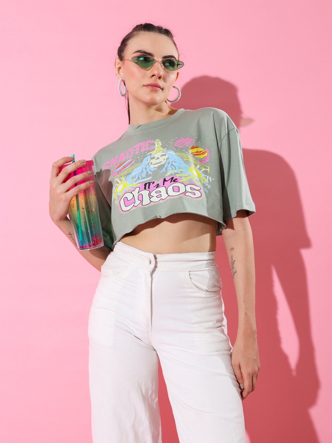 

Stylecast X Hersheinbox Printed Drop-Shoulder Sleeves Pure Cotton Cropped Boxy T-shirt, Green