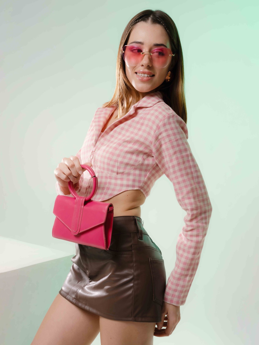 

Stylecast X Hersheinbox Checked Cotton Shirt Style Crop Top, Pink
