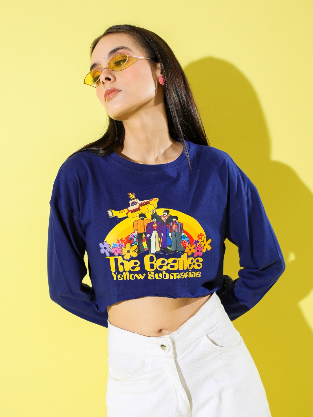 

Stylecast X Hersheinbox Printed Drop-Shoulder Sleeves Pure Cotton Cropped Boxy T-shirt, Blue