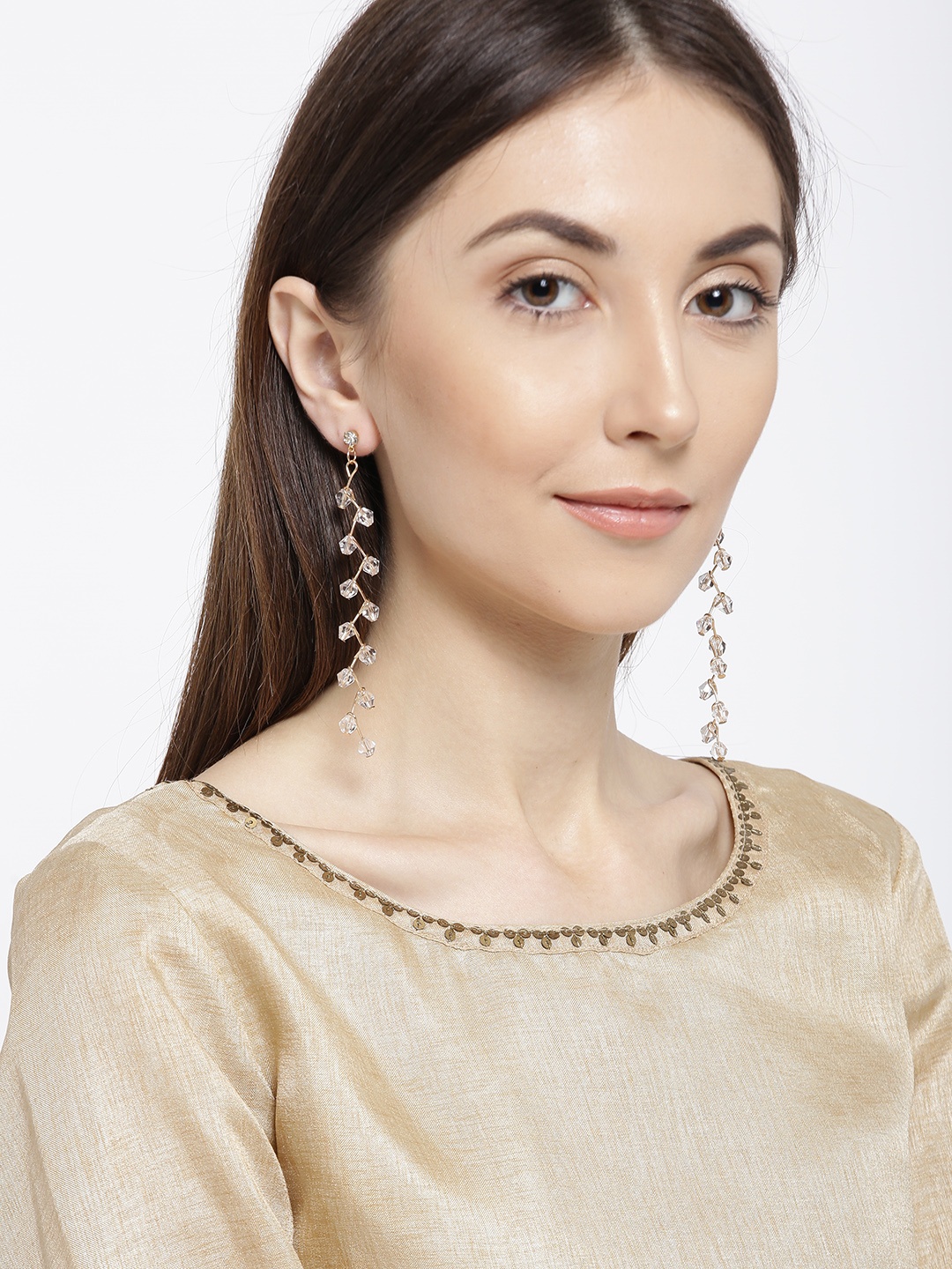 

OOMPH Gold-Toned & White Stone-Studded Contemporary Handcrafted Drop Earrings