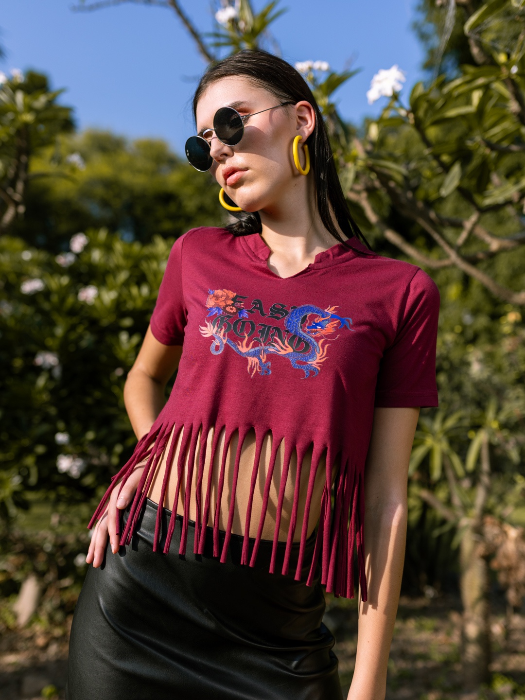 

Stylecast X Hersheinbox Printed Fringed Pure Cotton Top, Maroon