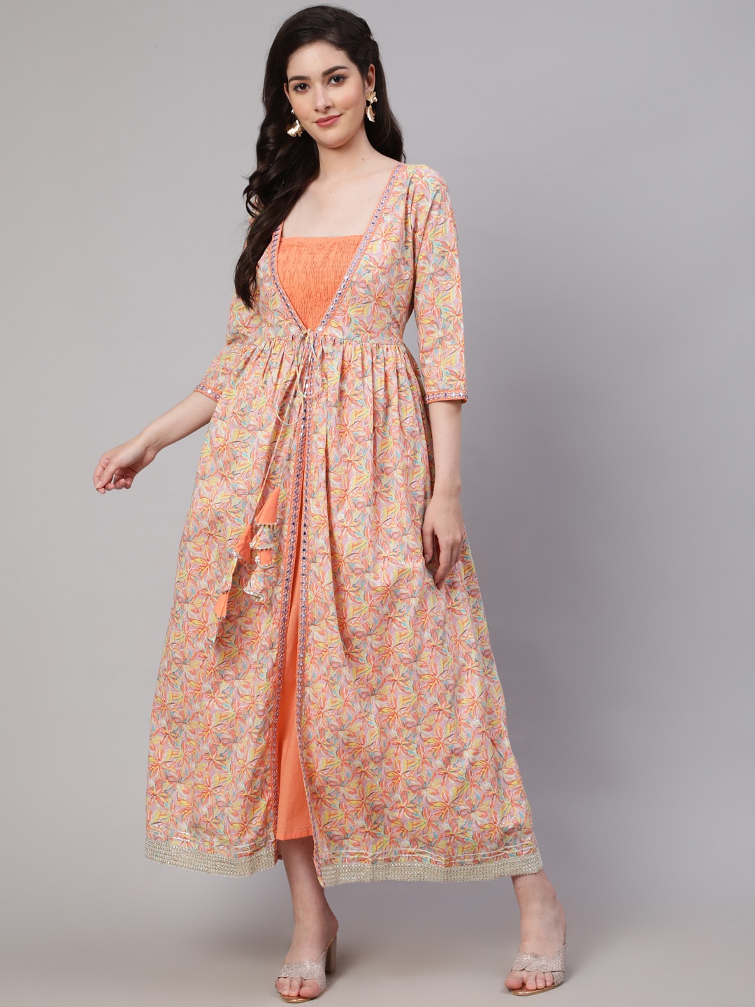

Nayo Shoulder Straps Smocked & Gathered Fit & Flare Dress With Jacket, Orange