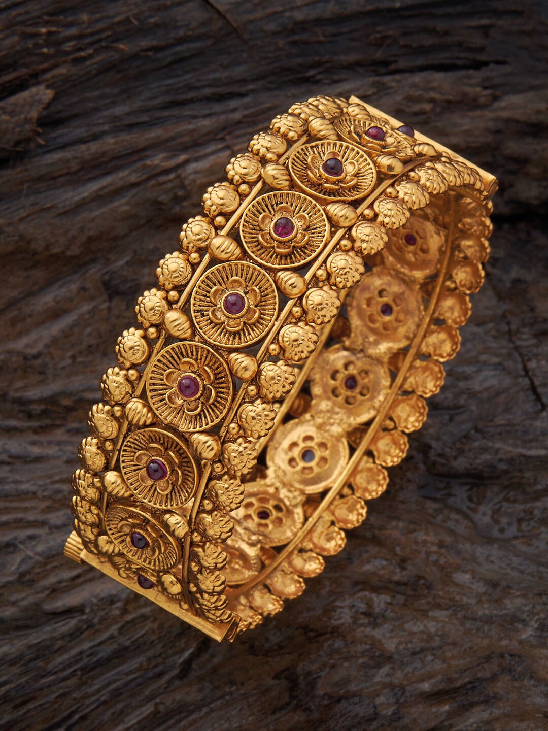 

Kushal's FashioJewellery Gold-Plated AD-Studded Antique Bangles