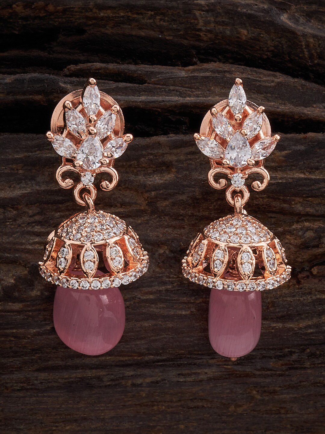 

Kushal's Fashion Jewellery Rose Gold-Plated Dome Shaped CZ-Studded Jhumkas