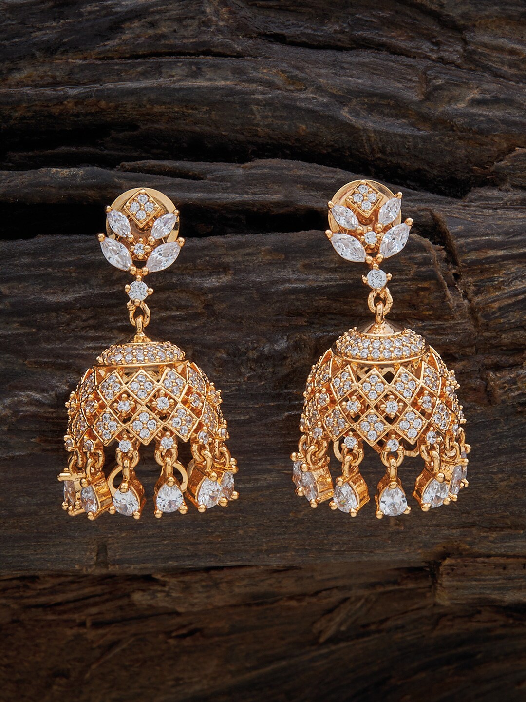 

Kushal's Fashion Jewellery Gold-Plated Zircon-Studded Dome Shaped Jhumkas