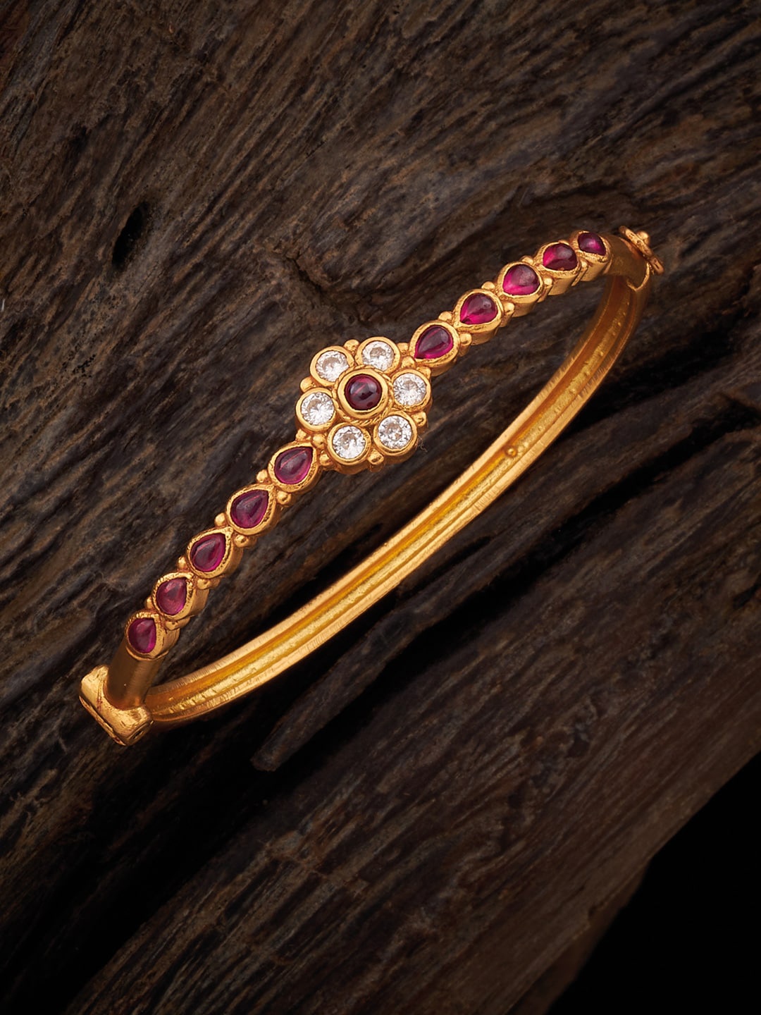 

Kushal's Fashion Jewellery Gold-Plated Stone-Studded 92.5 Pure Silver Temple Kada Bracelet