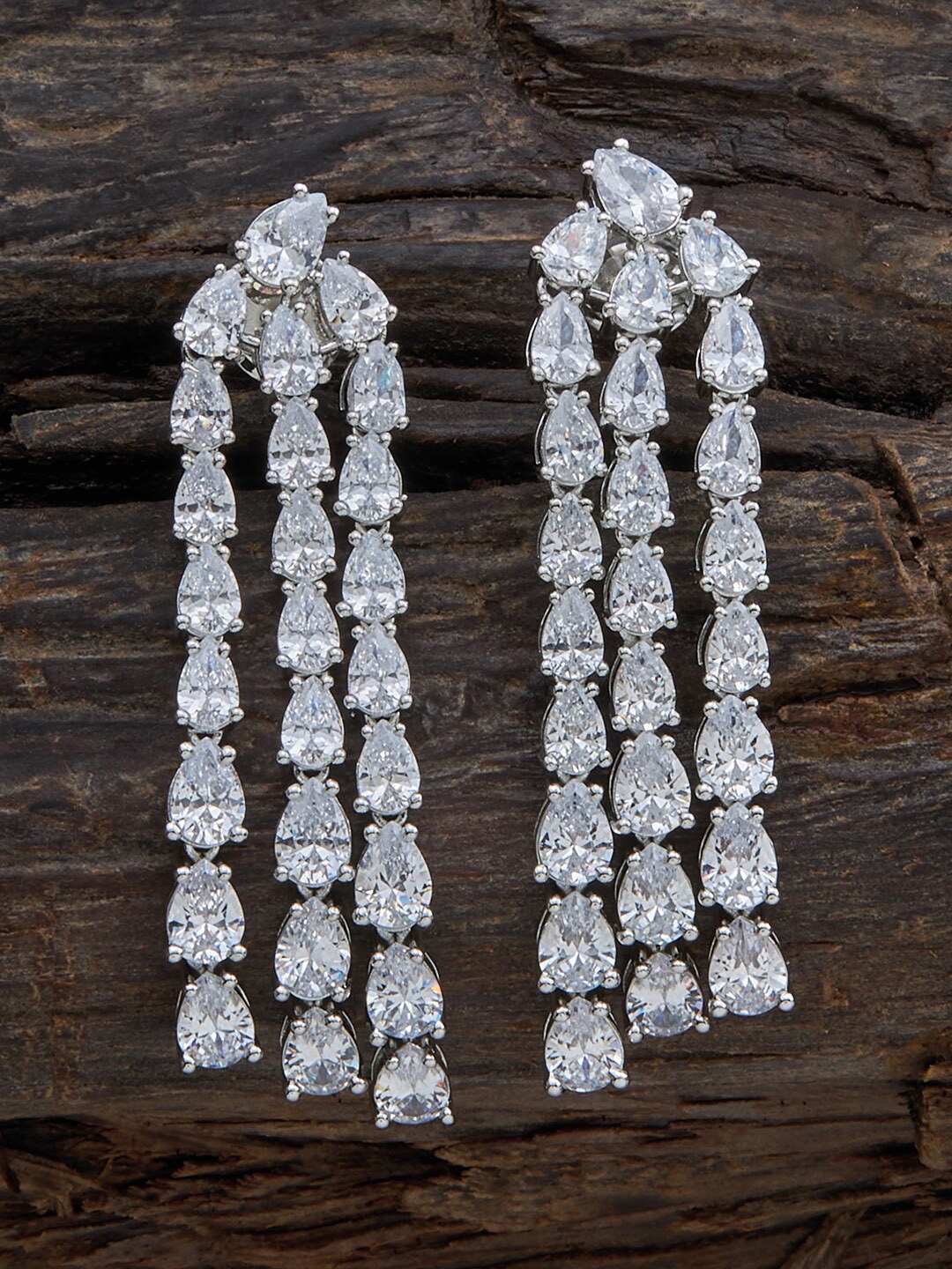 

Kushal's Fashion Jewellery Rhodium-Plated Cubic Zirconia Studded Drop Earrings, Silver