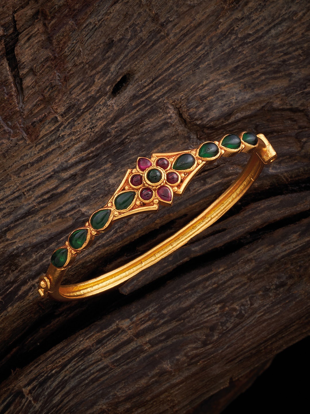 

Kushal's Fashion Jewellery Gold-Plated Stone-Studded 92.5 Pure Silver Temple Kada Bracelet