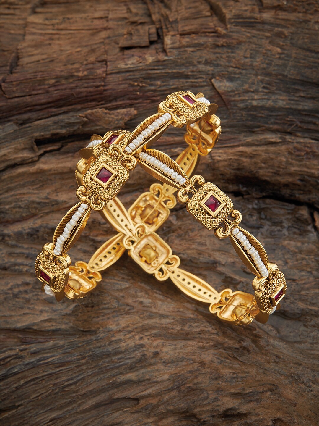 

Kushal's Fashion Jewellery Set Of 2 Gold-Plated Bangles, Red