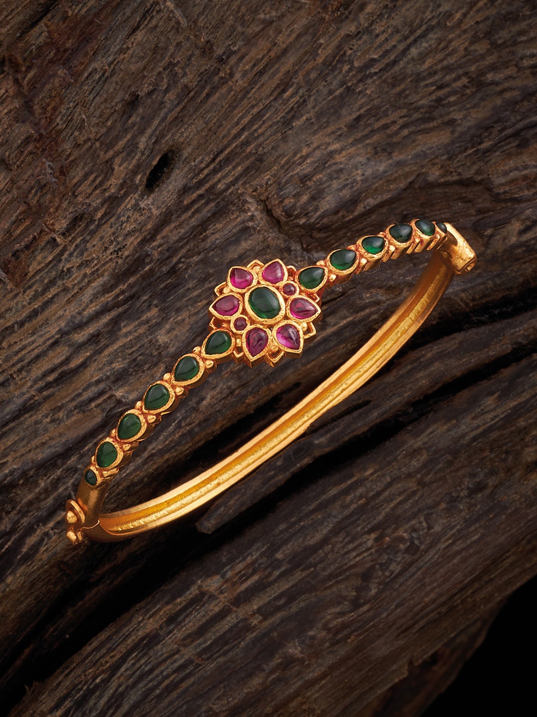 

Kushal's Fashion Jewellery Gold-Plated Stone-Studded Silver Temple Kada Bracelet