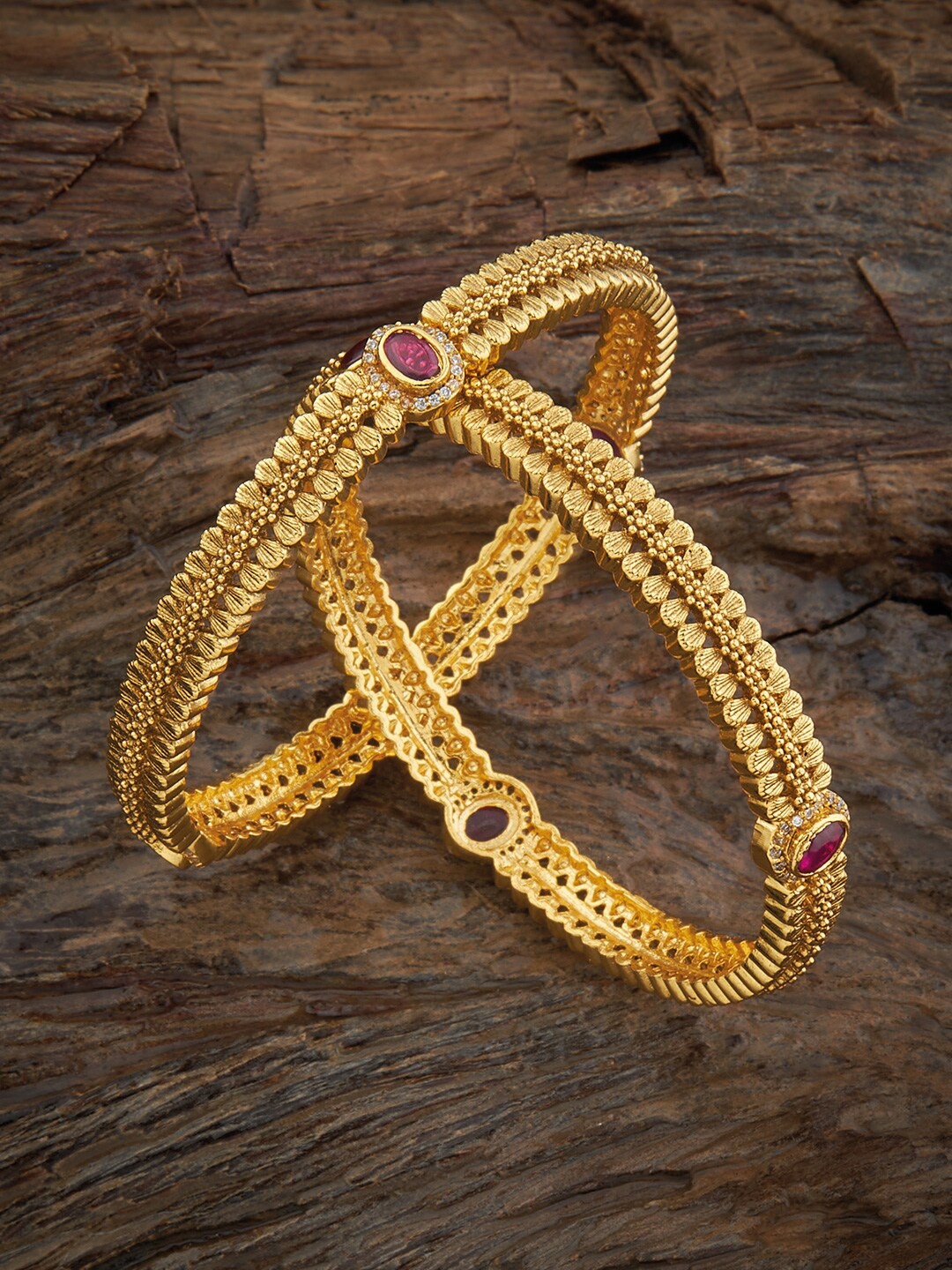 

Kushal's Fashion Jewellery Set Of 2 Gold-Plated Bangles, Red