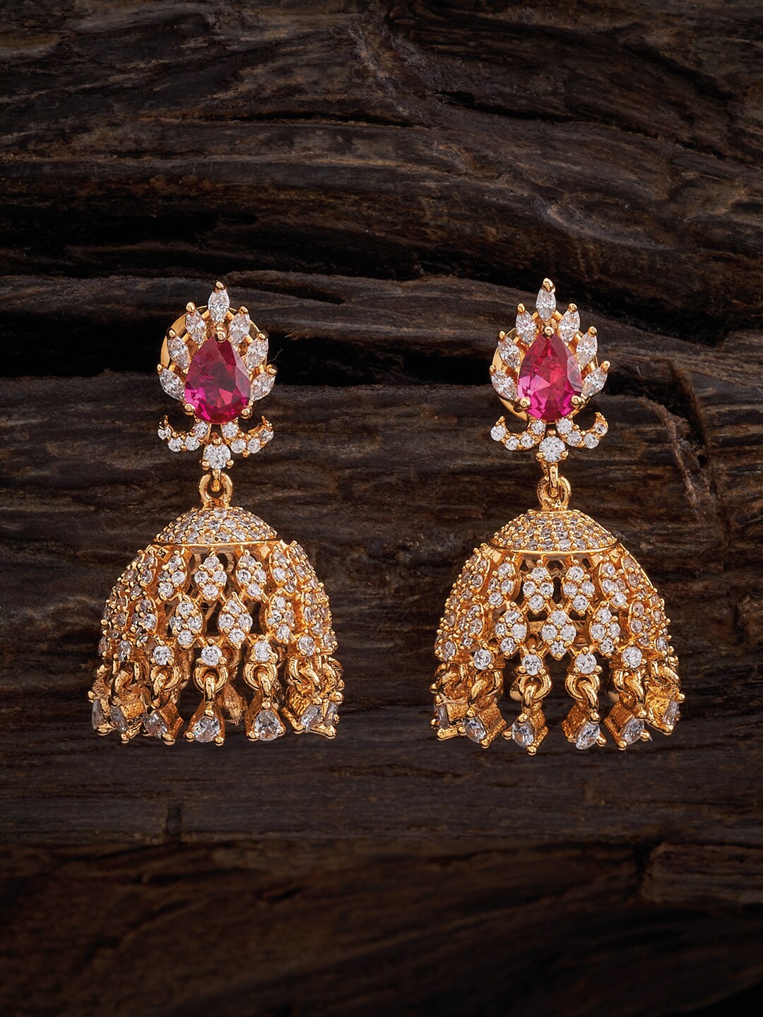 

Kushal's Fashion Jewellery Gold-Plated Dome Shaped Zircon Studded Jhumkas