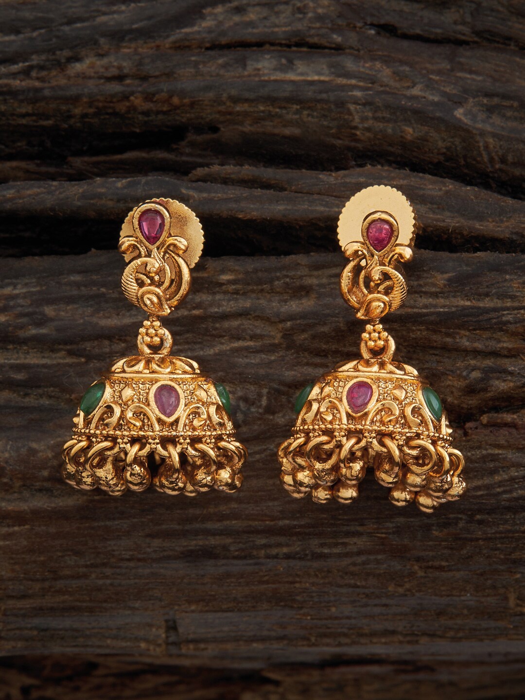 

Kushal's Fashion Jewellery Gold Plated Ruby Studded Dome Shaped Jhumkas, Red