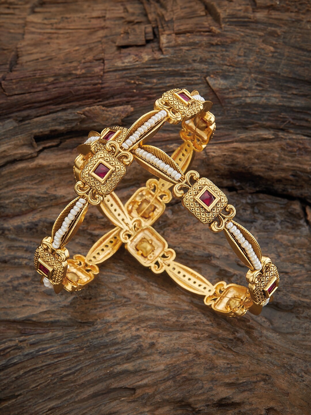 

Kushal's Fashion Jewellery Set Of 2 Gold-Plated Stones-Studded Antique Bangles