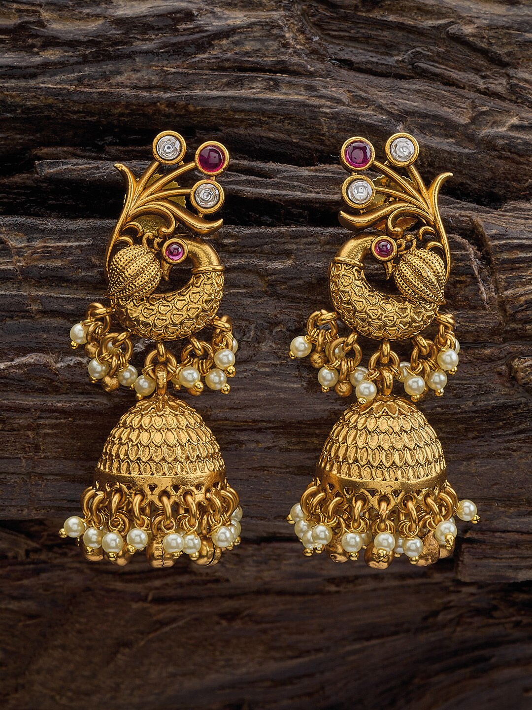 

Kushal's Fashion Jewellery Gold-Plated Dome Shaped Stone Studded & Beaded Jhumkas