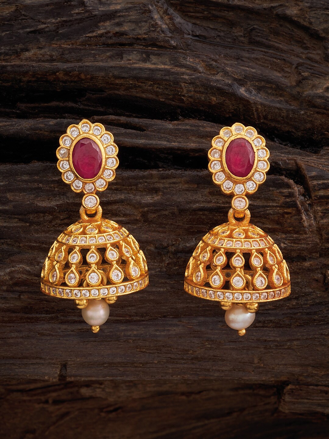 

Kushal's Fashion Jewellery 92.5 Pure Silver Gold-Plated Stoned Dome Shaped Jhumkas