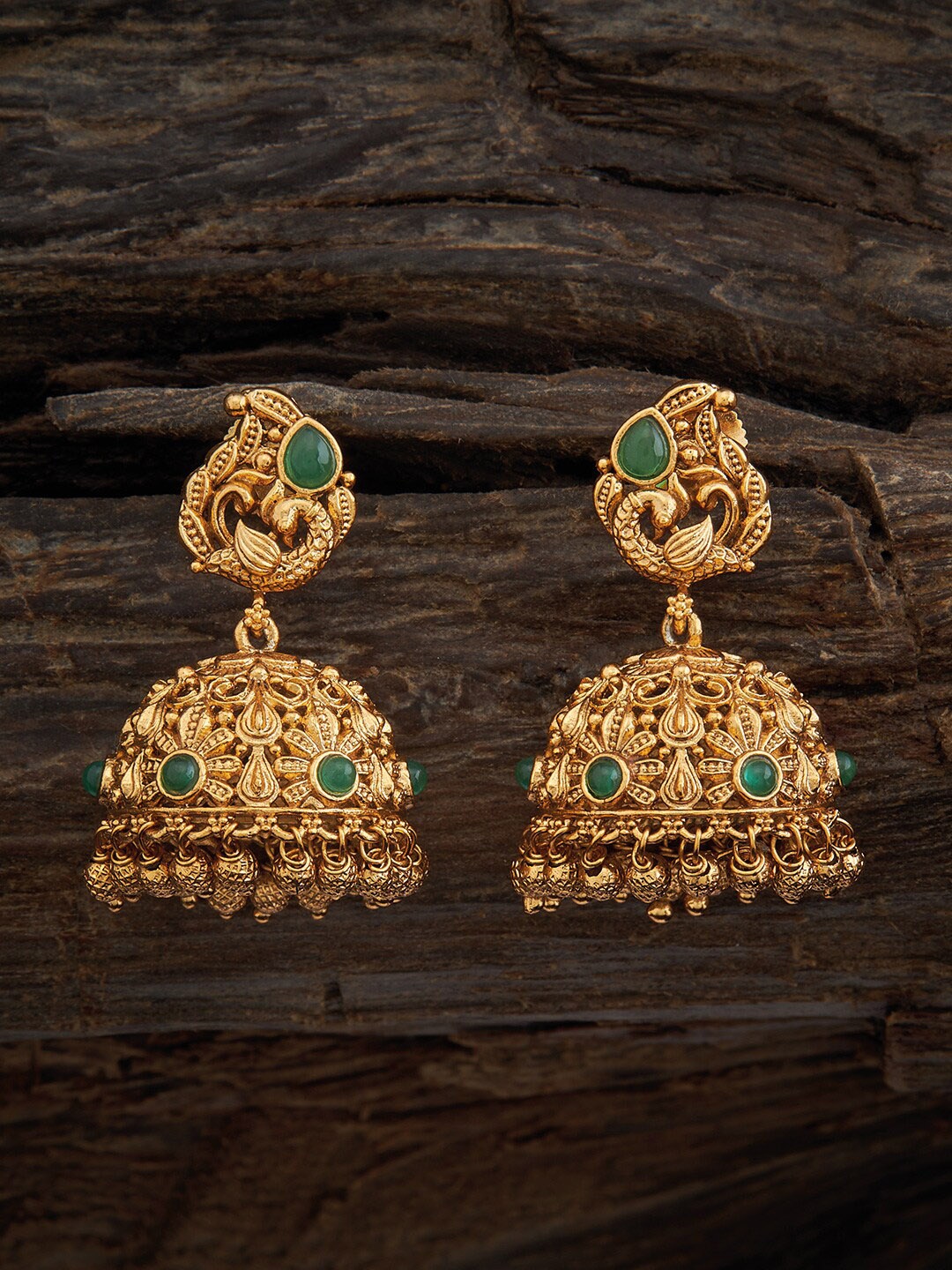 

Kushal's Fashion Jewellery Gold-Plated Dome Shaped Stone Studded Jhumkas, Green