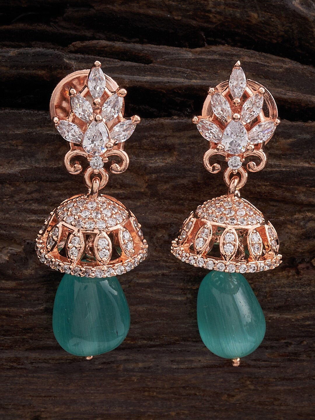 

Kushal's Fashion Jewellery Rose Gold-Plated Zircon-Studded Dome Shaped Jhumkas