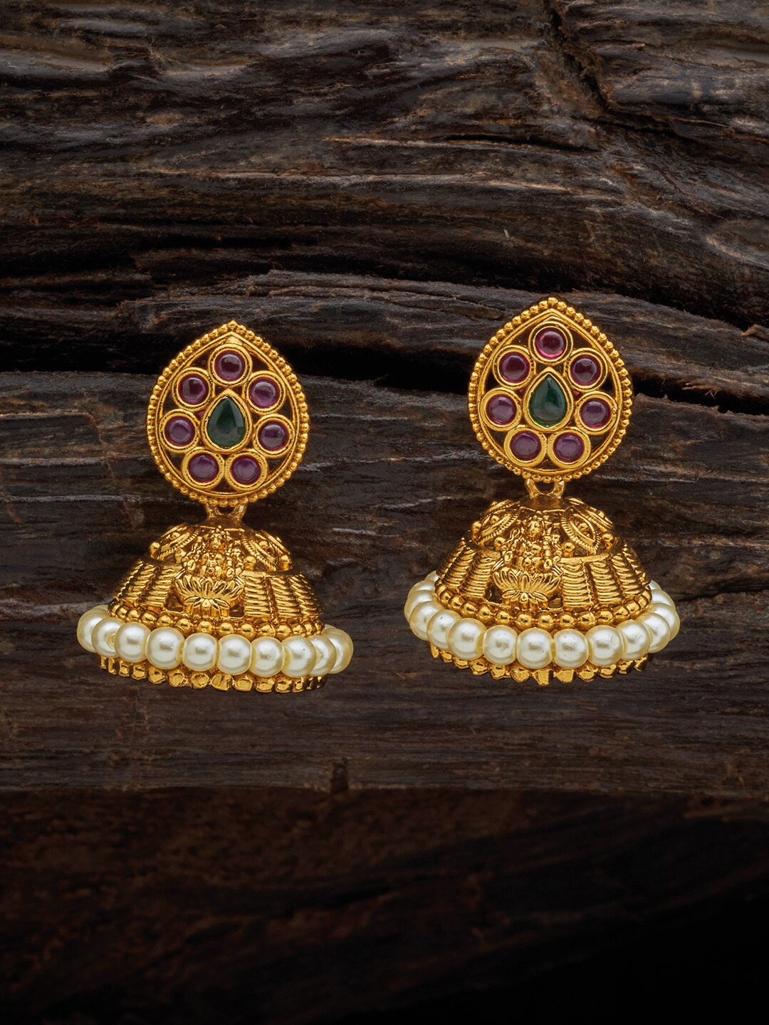 

Kushal's Fashion Jewellery Gold-Plated Dome Shaped Jumkas Earrings, Red