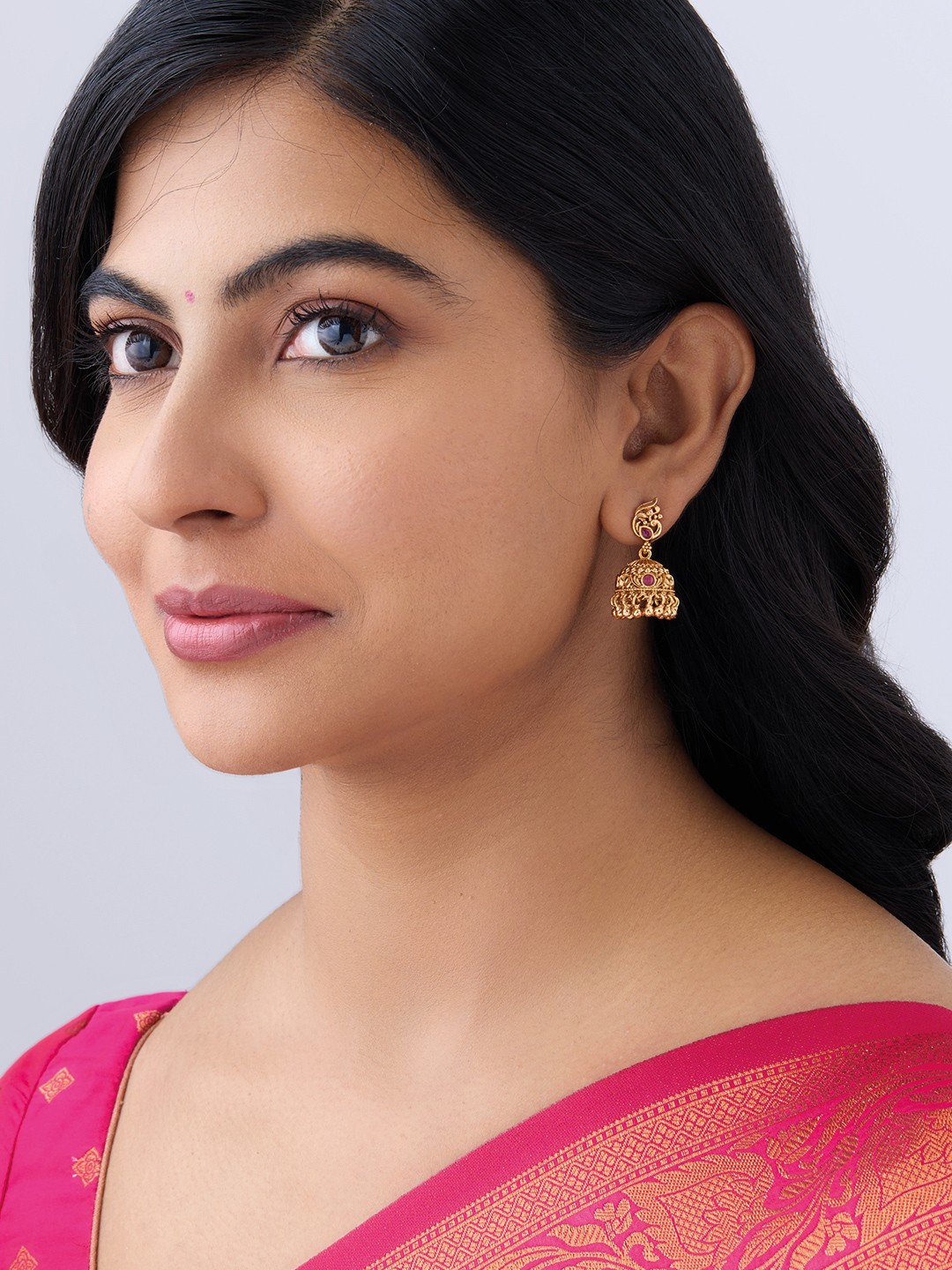

Kushal's Fashion Jewellery Gold-Plated Dome Shaped Stone-Studded Jhumkas