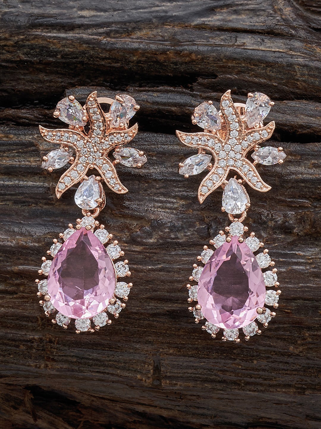 

Kushal's Fashion Jewellery Rose Gold-Plated Cubic Zircon Studded Drop Earrings, Silver