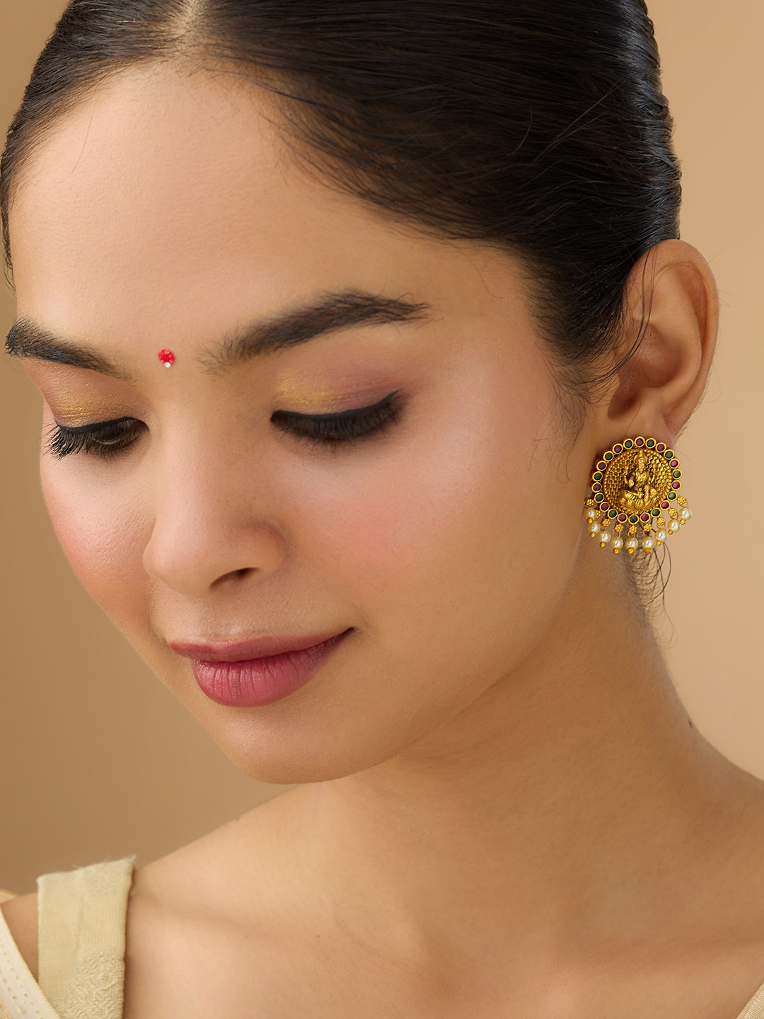 

Kushal's Fashion Jewellery Gold-Plated Temple Circular Studs Earrings