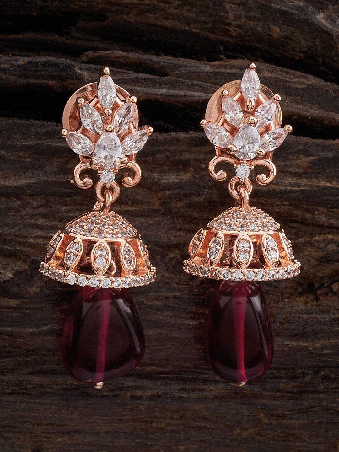 

Kushal's Fashion Jewellery Rose Gold-Plated Cubic Zirconia Studded Jhumkas, Red