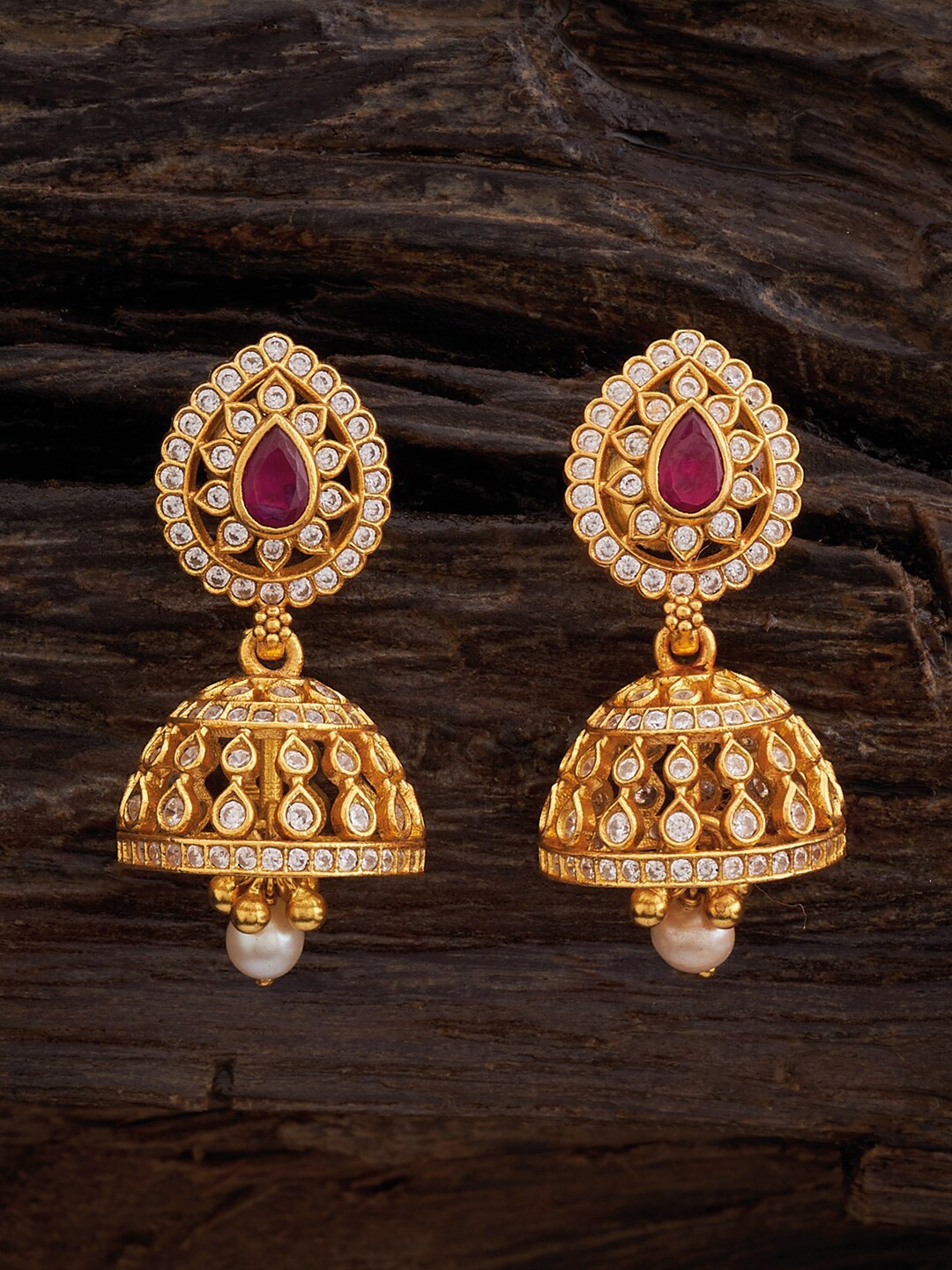 

Kushal's Fashion Jewellery 92.5 Pure Silver Gold-Plated Stone-Studded Dome Shaped Jhumkas