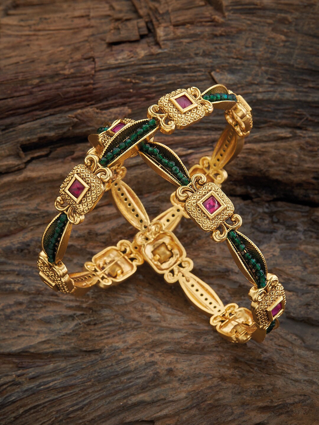 

Kushal's Fashion Jewellery Set Of 2 Gold-Plated Stone-Studded Antique Bangles