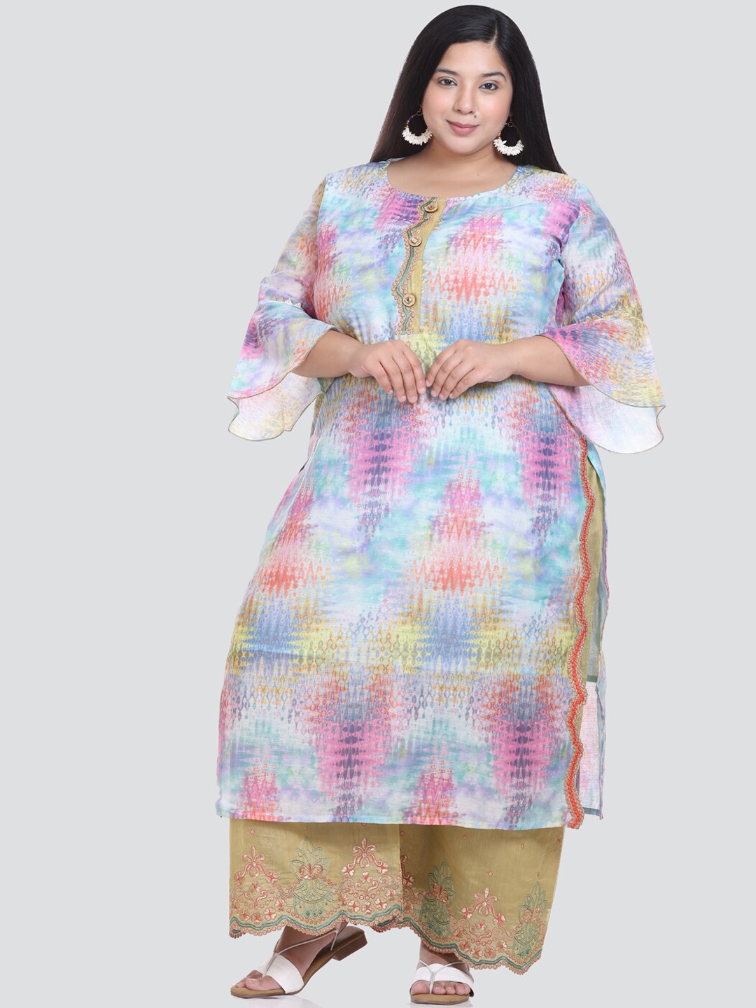 

Elthia Plus Size Printed Pure Silk Straight Kurta With Palazzos, Olive