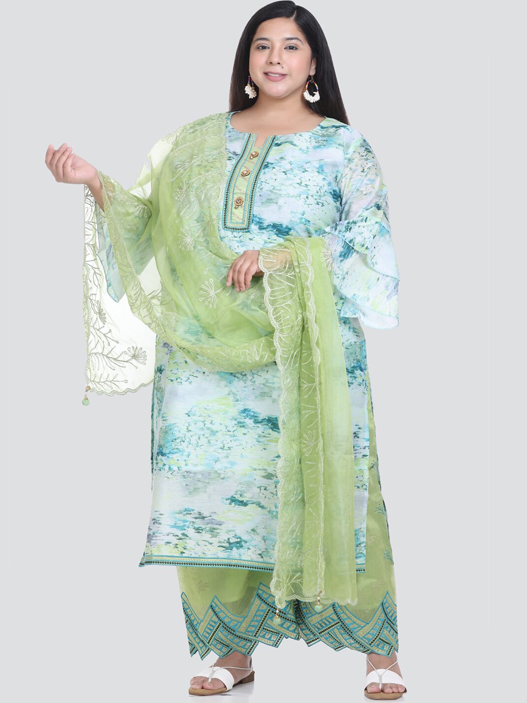 

Elthia Plus Size Floral Printed Pure Silk Kurta With Palazzos & Dupatta, Sea green